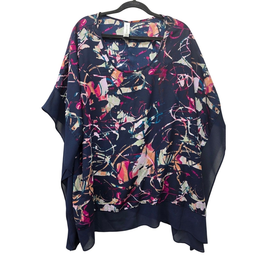Pure Energy Womens Plus Sz 2X 3X Abstract Print Poncho Blouse Navy Blue Chiffon